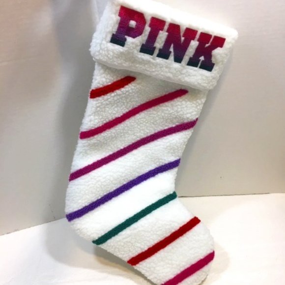 Victoria’s Secret Pink Christmas Stocking Fuzzy Fur White w/Multicolored Stripes - Picture 1 of 6